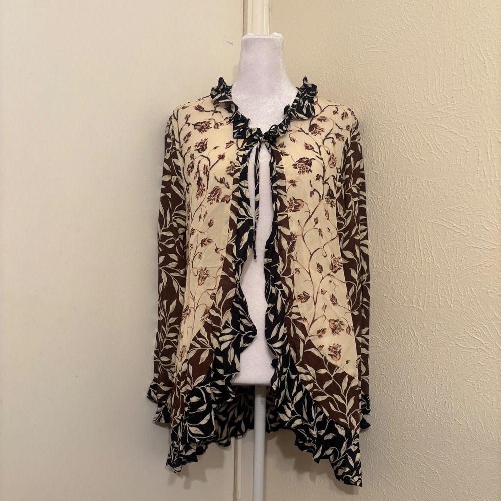 Cream Brown Floral Beaded Ruffle Tie Front Lightweight Whimsigoth Cardigan M